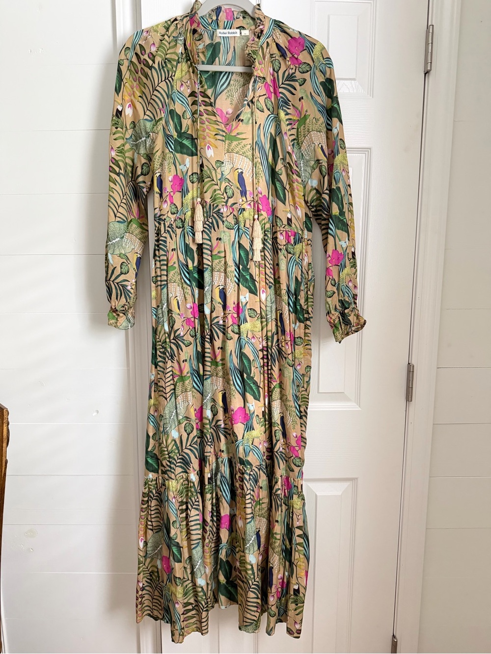 Roller Rabbit Tan Botanical Maxi Dress with Green and Pink Accents